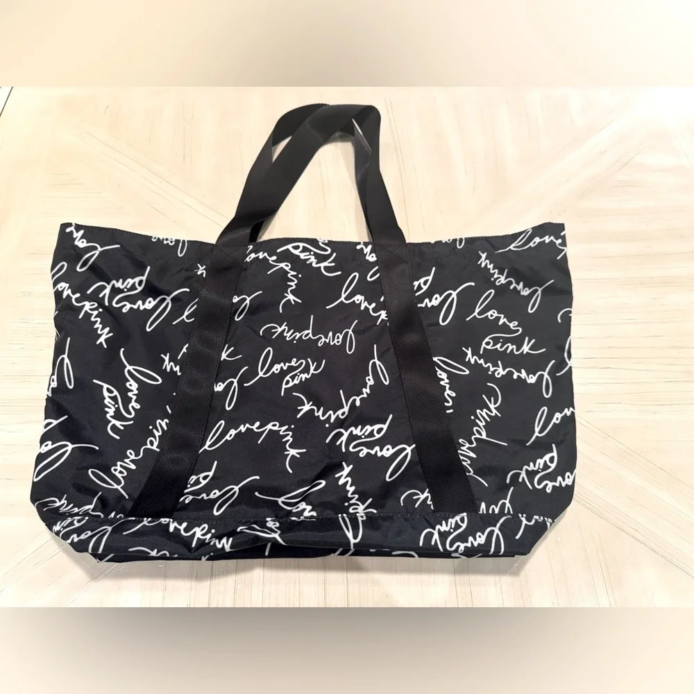 Victoria’s Secret PINK Black & White Script Logo Weekender Tote Bag NWOT